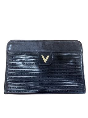 Valentino Black Leather Clutch with Gold V Detail